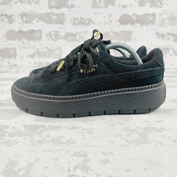 Puma Black Lace Up Platform Trace Suede Sneakers V10 - Picture 1 of 11